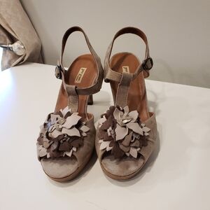 Paul Green Peep-toe T-strap Suede Heels - sz 6 UK